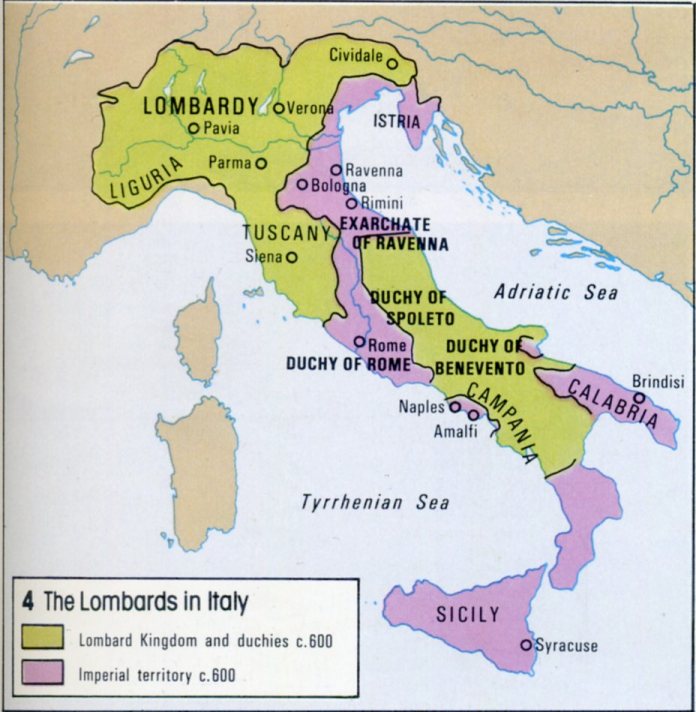 Italy in 600, showing Lombard and Imperial territories.