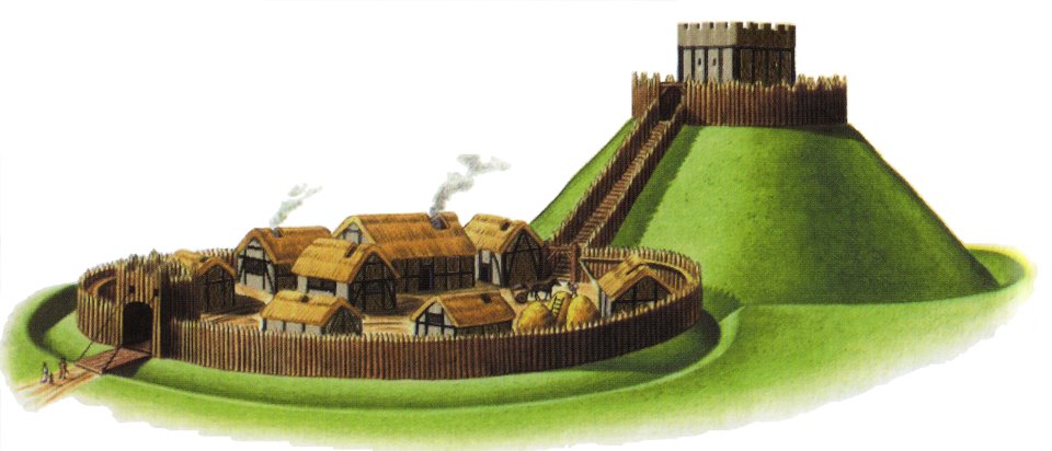 Painting of a motte and bailey castle.
