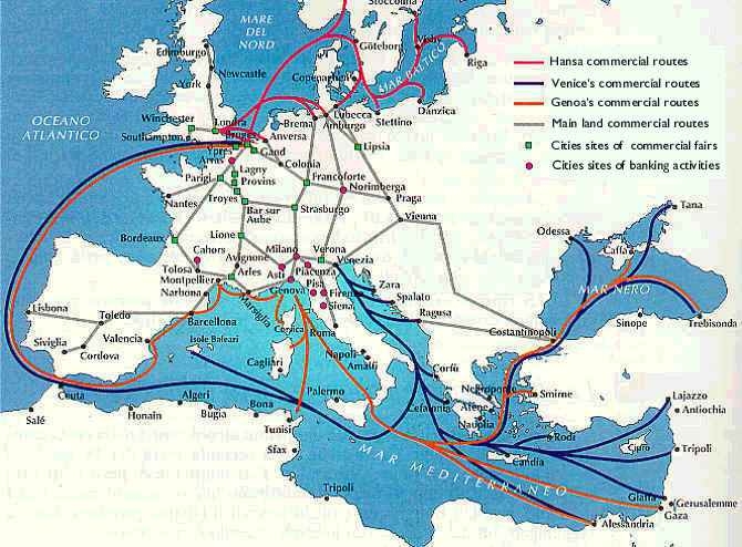 Trade routes of the Hansa, Venice and Genoa.