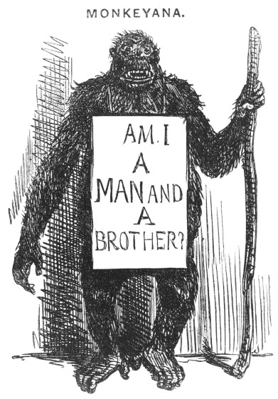 Cartoon of an ape wearing an Abolitionist sandwich board.