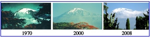 Mt. Kilimanjaro's snowcap in 1970, 2000, and 2008