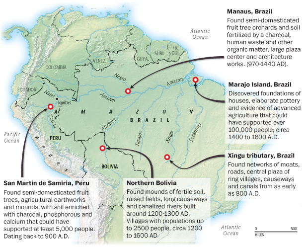 Sites of man-made activity in the Amazon basin.