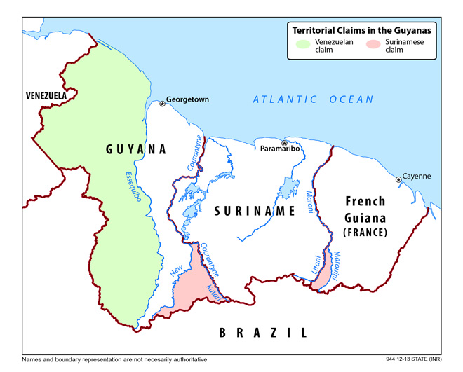 Territorial disputes in the Guianas.