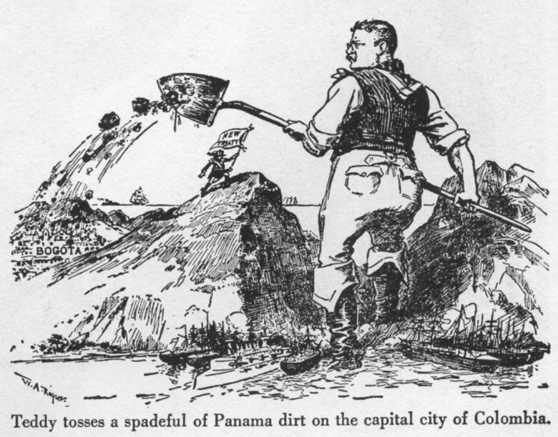 Cartoon showing Teddy Roosevelt dumping a spadeful of dirt on the capital of Colombia.