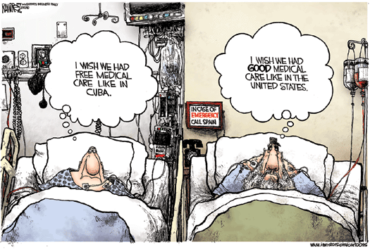 Cartoon comparing American and Cuban health care.
