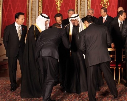 Obama bowing to the Saudi king.