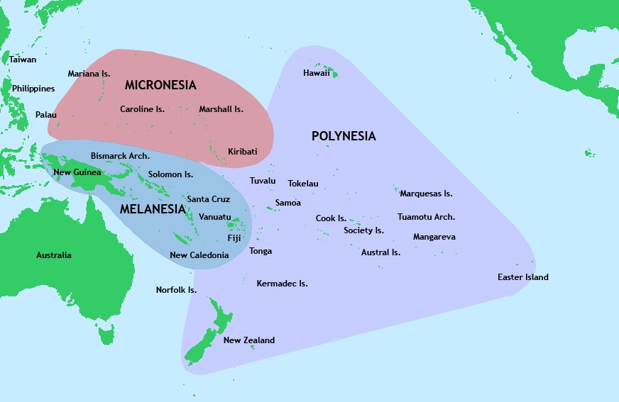 Map of Micronesia, Melanesia, and Polynesia.