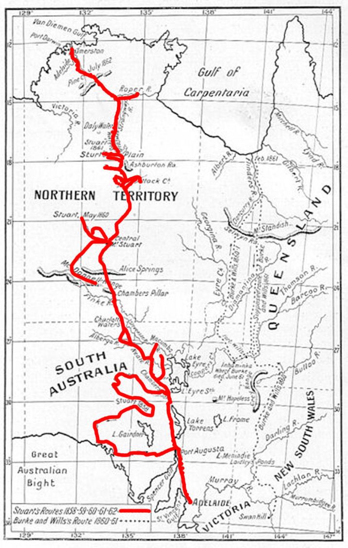 Map of Australia showing how Burke, Wills and Stuart made their crossings.