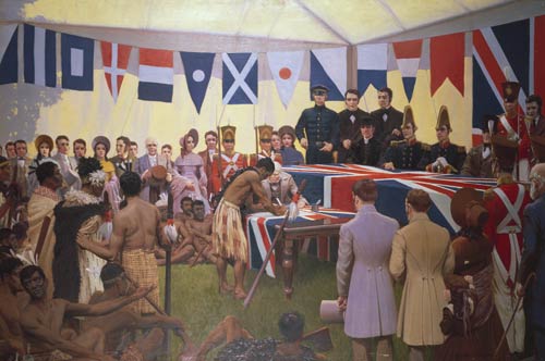 Maori chiefs sign the Treaty of Waitangi.
